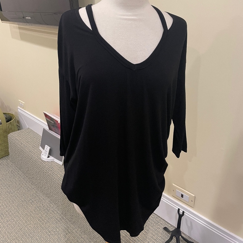 Michael Stars OS 3/4 Sleeve Black V-Neck Tshirt with cut-outs One Size Fits All